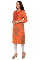 Madiha Orange Cotton Silk Printed & Embroidery Straight Kurtis