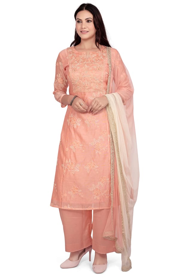 Nasira Peach Chanderi Cotton Embroidery Straight Suit Sets
