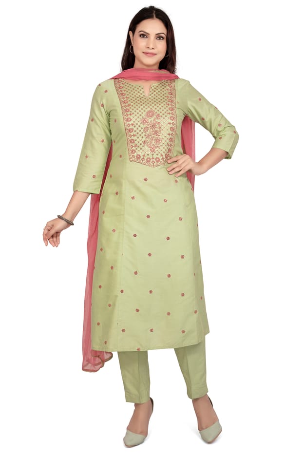 Mushira Pista Green Cotton Silk Embroidery Straight Suit Sets