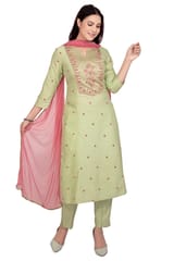 Mushira Pista Green Poly Silk Embroidery Straight Suit Sets