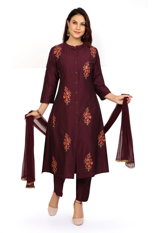 Puspa Purple Embroidered Poly Silk A-Line Suit Set