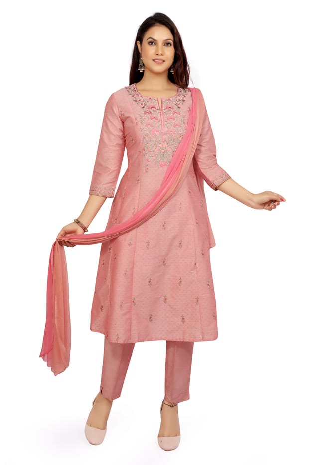 Akshiti Baby Pink Embroidered Cotton Silk A-Line Suit Set