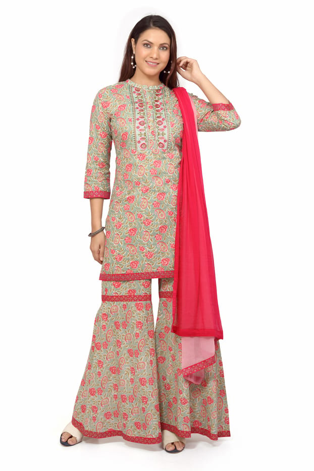 Anisha Pista & Pink Cotton Printed & Emb Suit Set