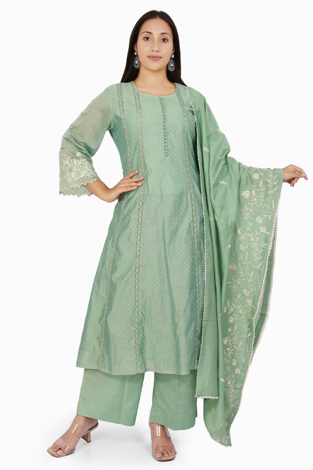 Hadiya Light Pista Chanderi Printed & Emb  A-Line Suit Set