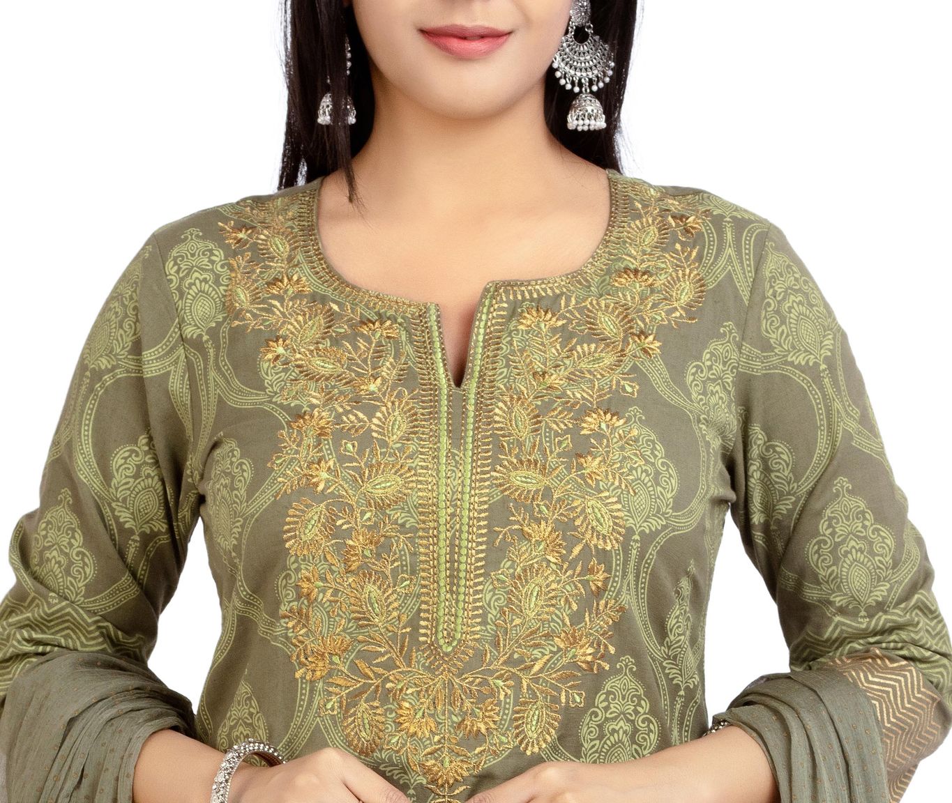 Marzia Mehandi Cotton Embroidered A-Line Suit Set