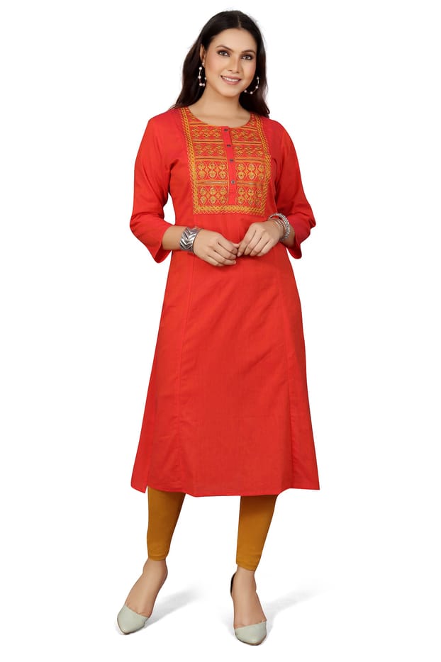 Shaina Red Cotton Embroidered A Line Kurta