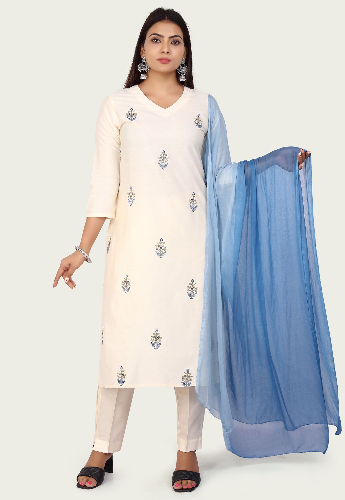 Maha Cream Cotton Embroidered Suit Sets