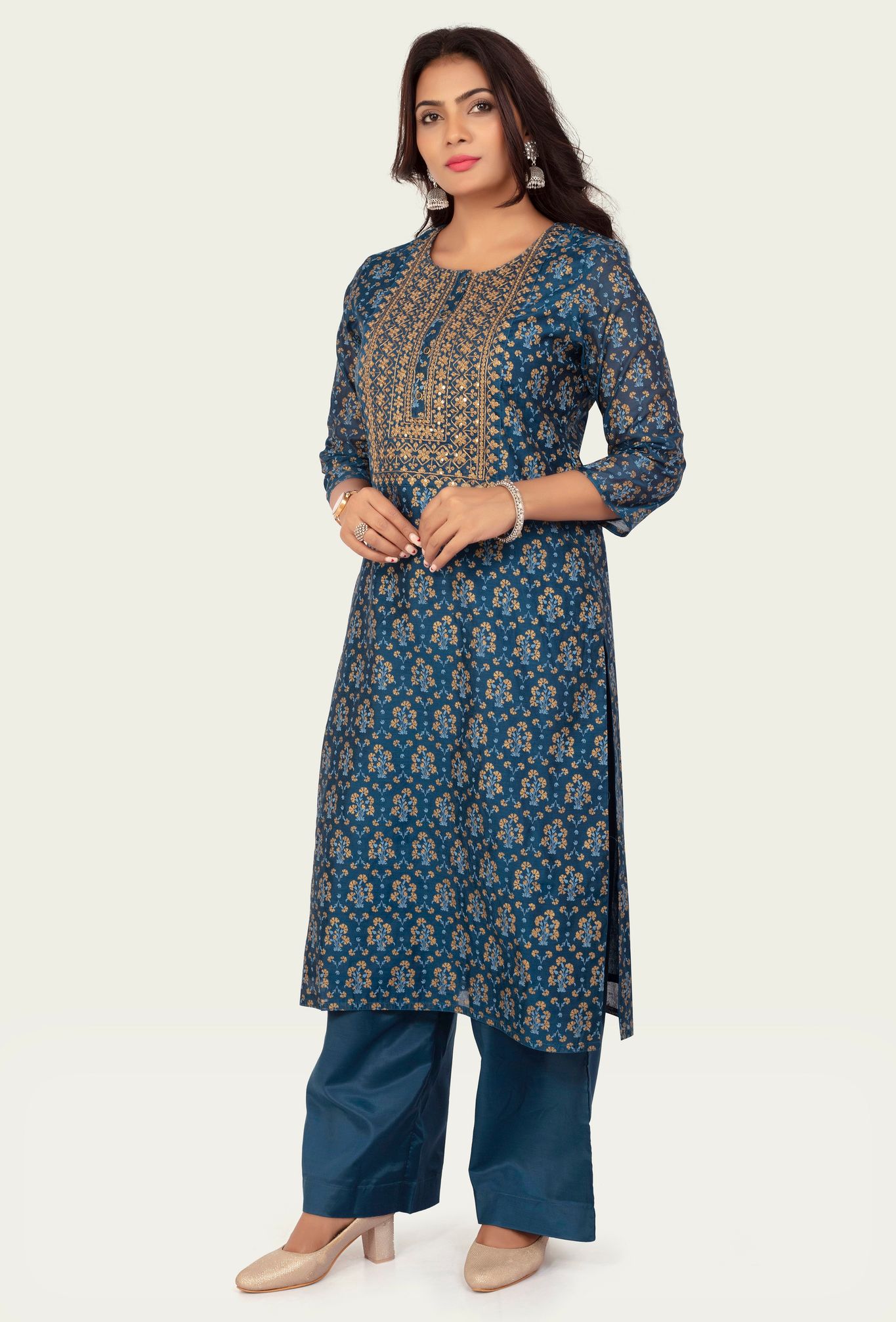 Sylvia Royal Blue Chanderi Cotton Embroidered Kurta with Pant Set