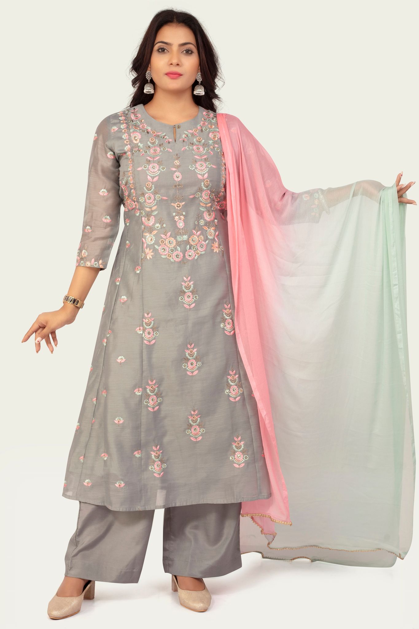 Ashiya Gray Chanderi Cotton Embroidered Suit Set
