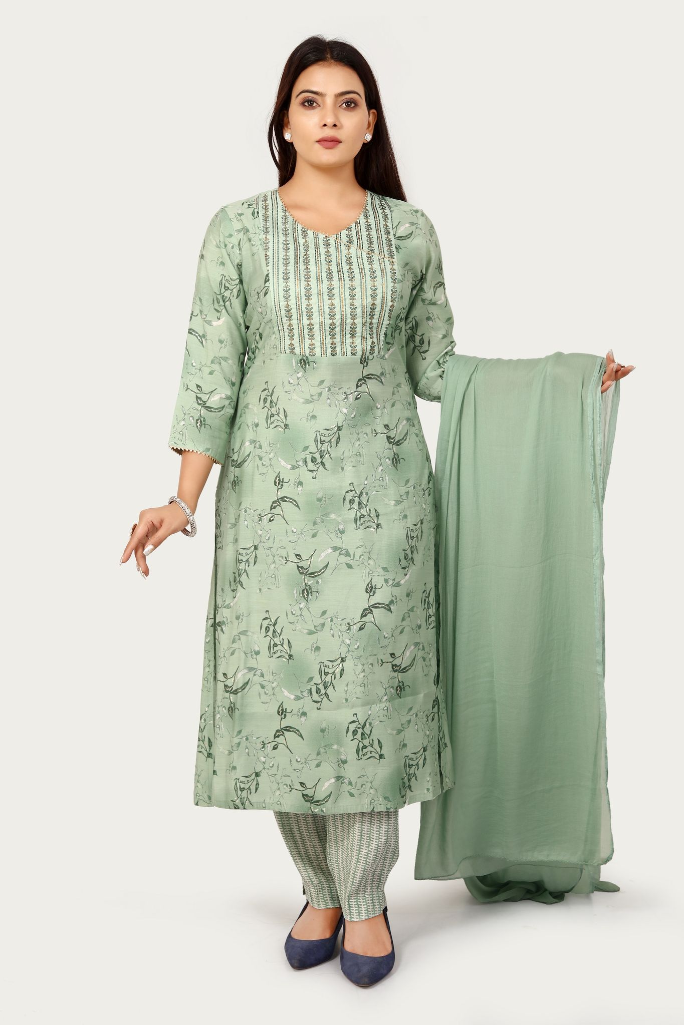 Hamsika Pista Green Soft Silk Embroidered Suit Sets