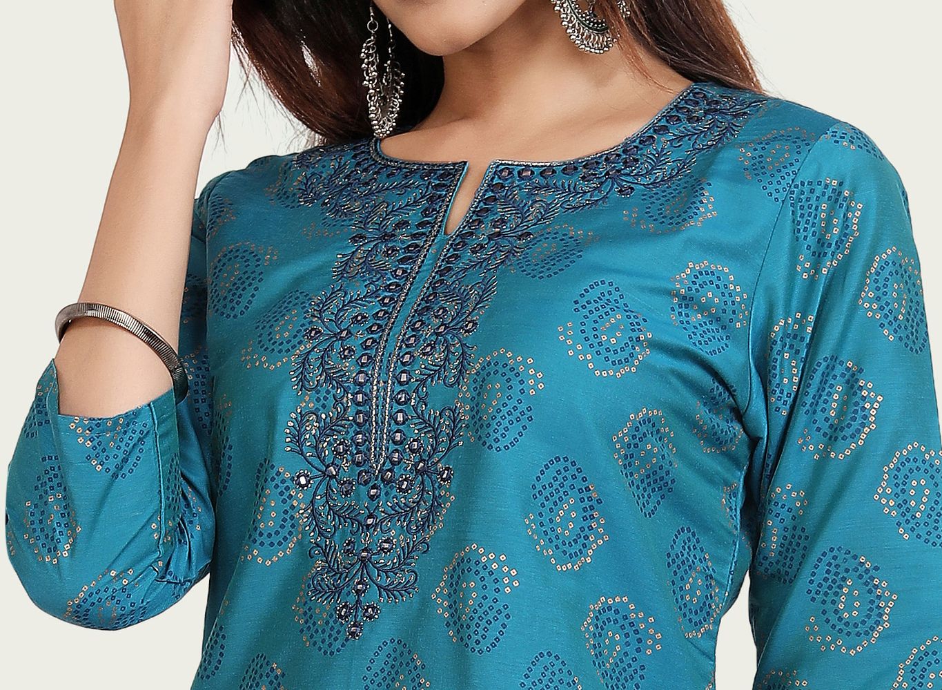 Nitiksha Teal Cotton Silk Embroidered Kurta With Pant Set