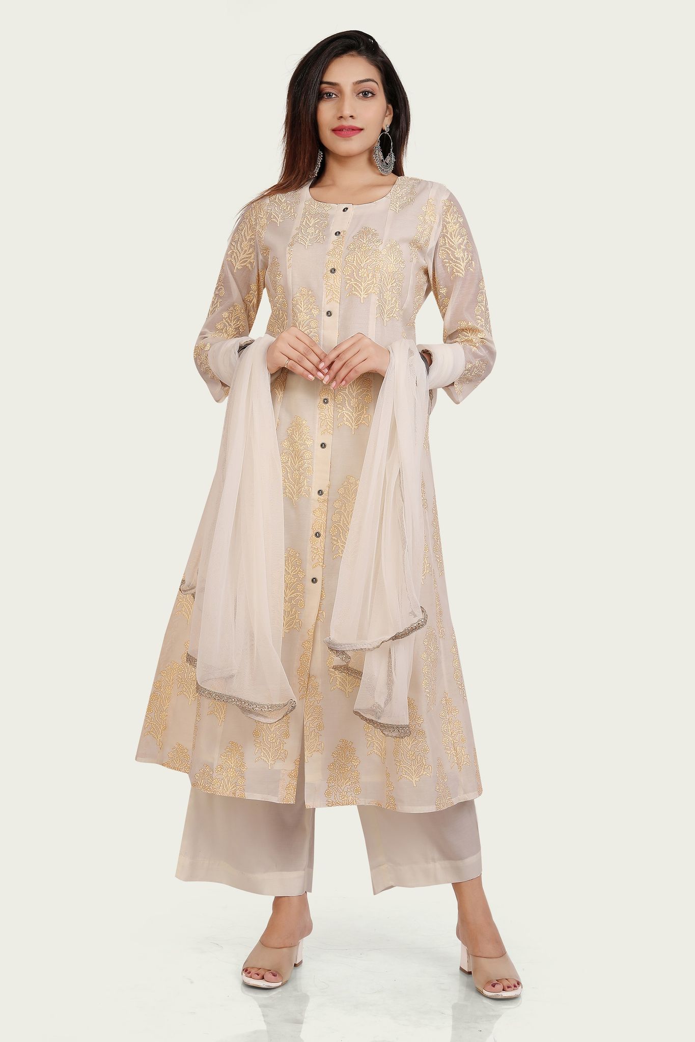 Aanisah Cream Chanderi Cotton Suit Set