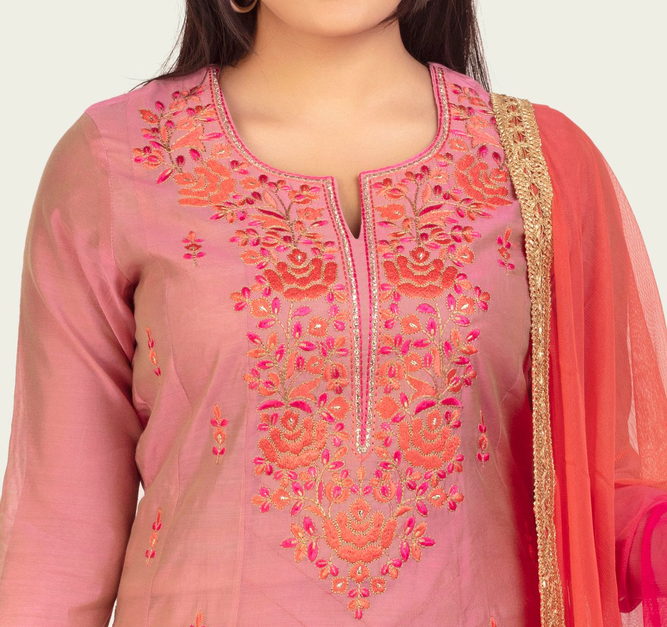 Nasmina Pink Cotton Chanderi Embroidered Suit Set