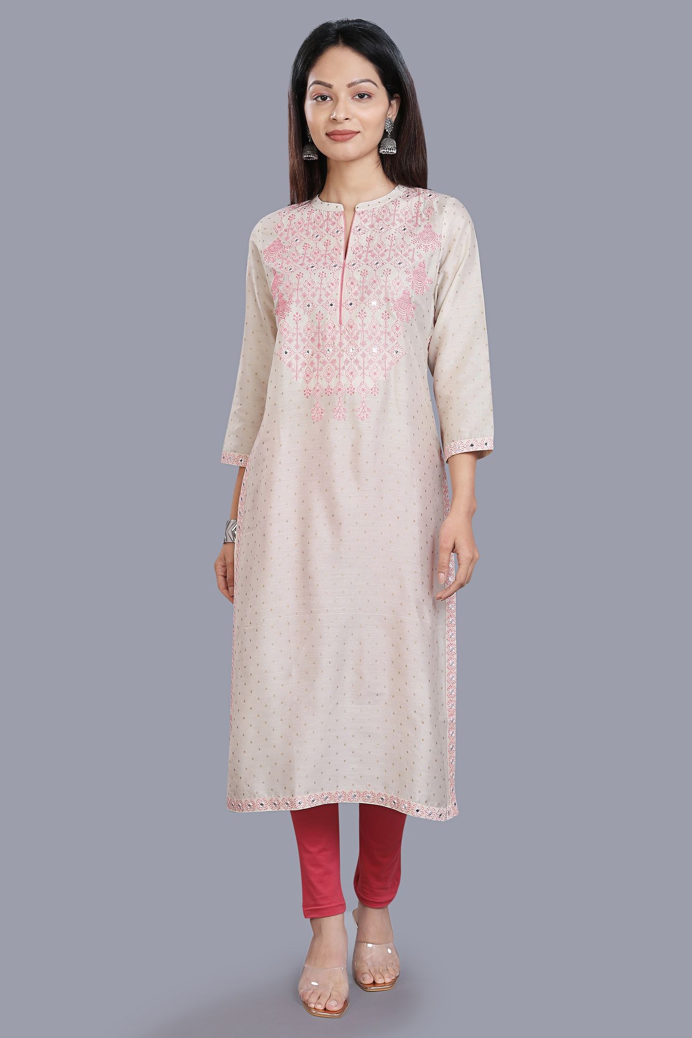Hitu Cream Cotton Silk Embroidered Straight Kurti