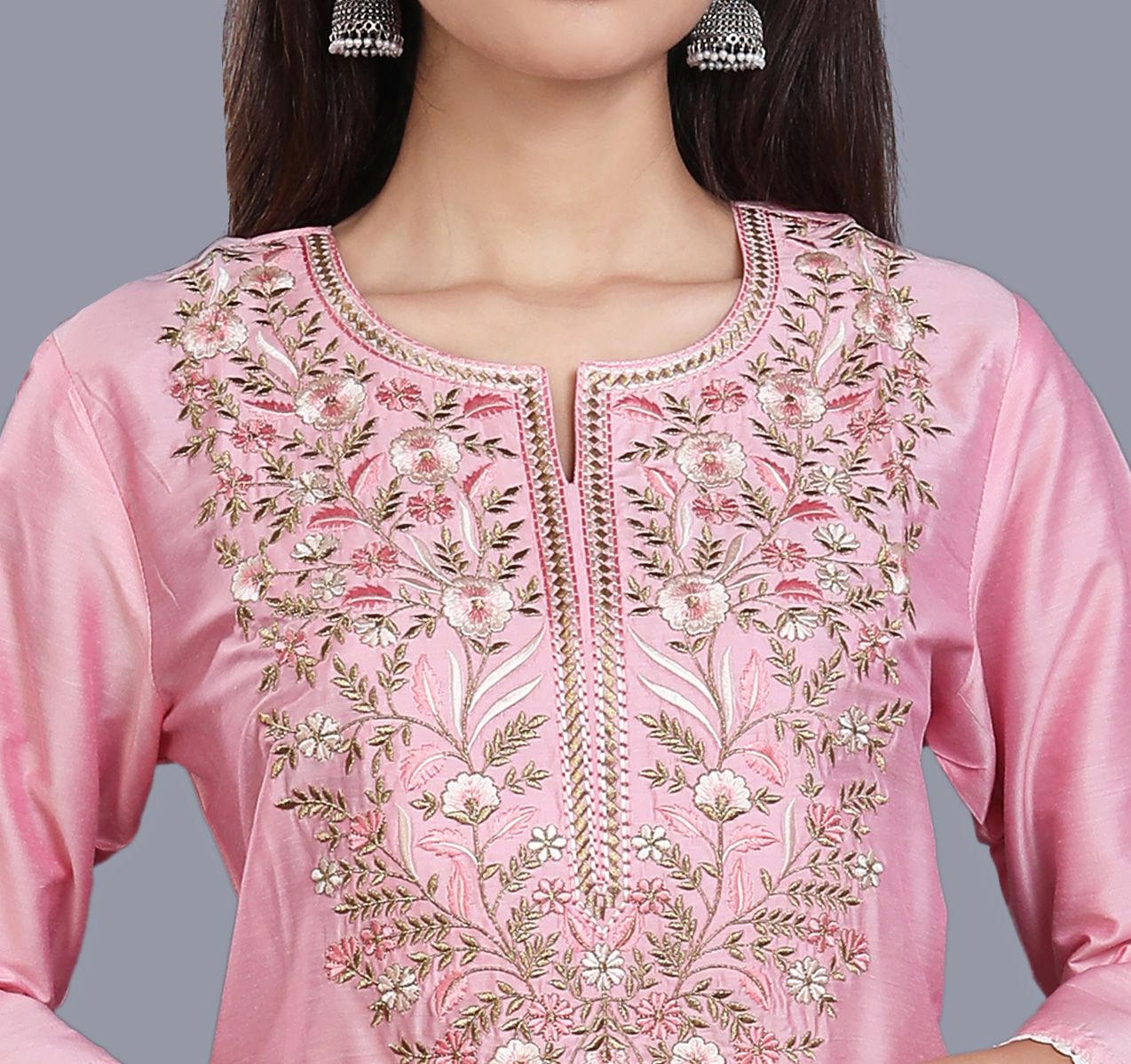 Feryal Pink Cotton Silk Embroidered Straight Kurti