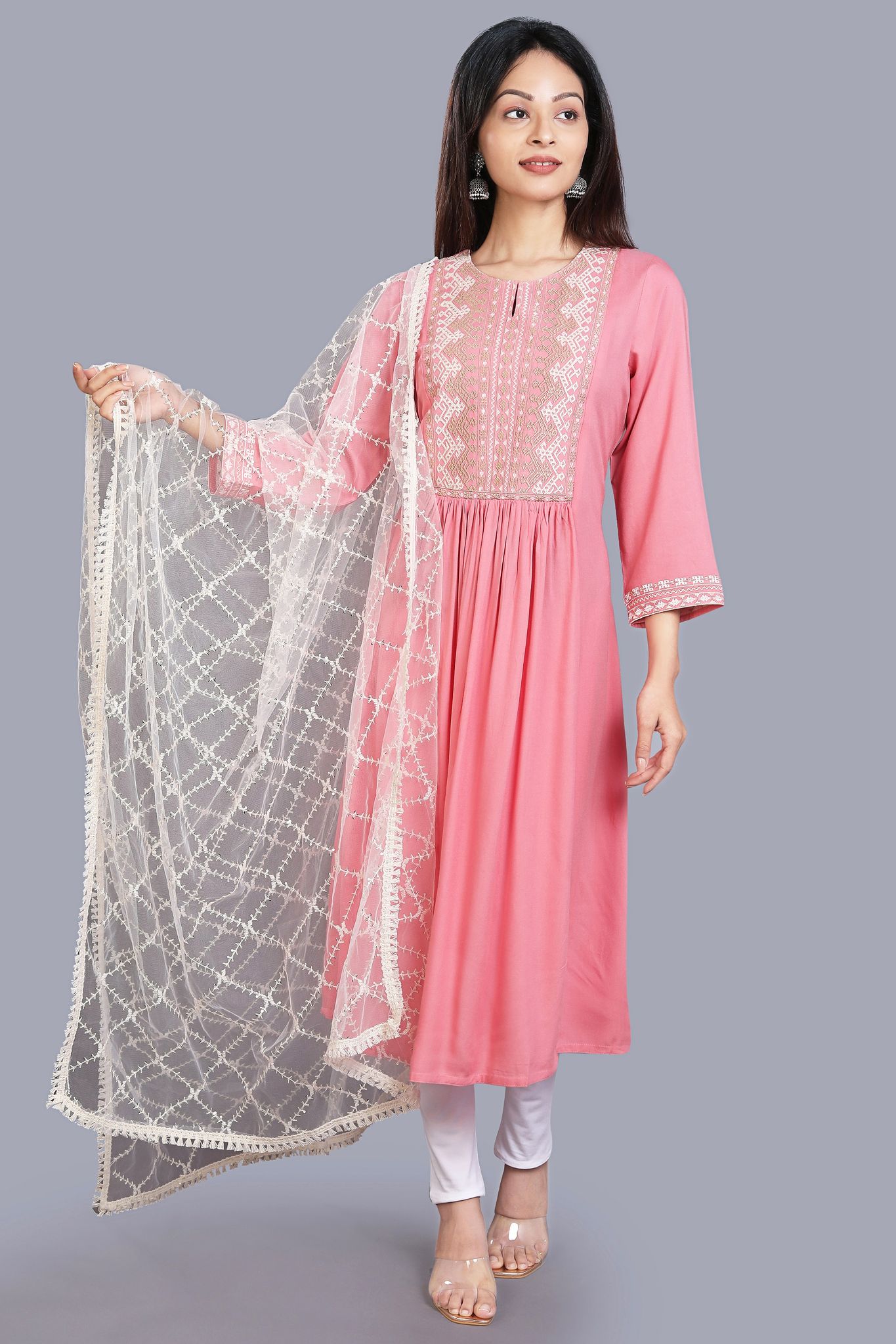 Women's Siddhi Off White Embroidered Net Dupatta