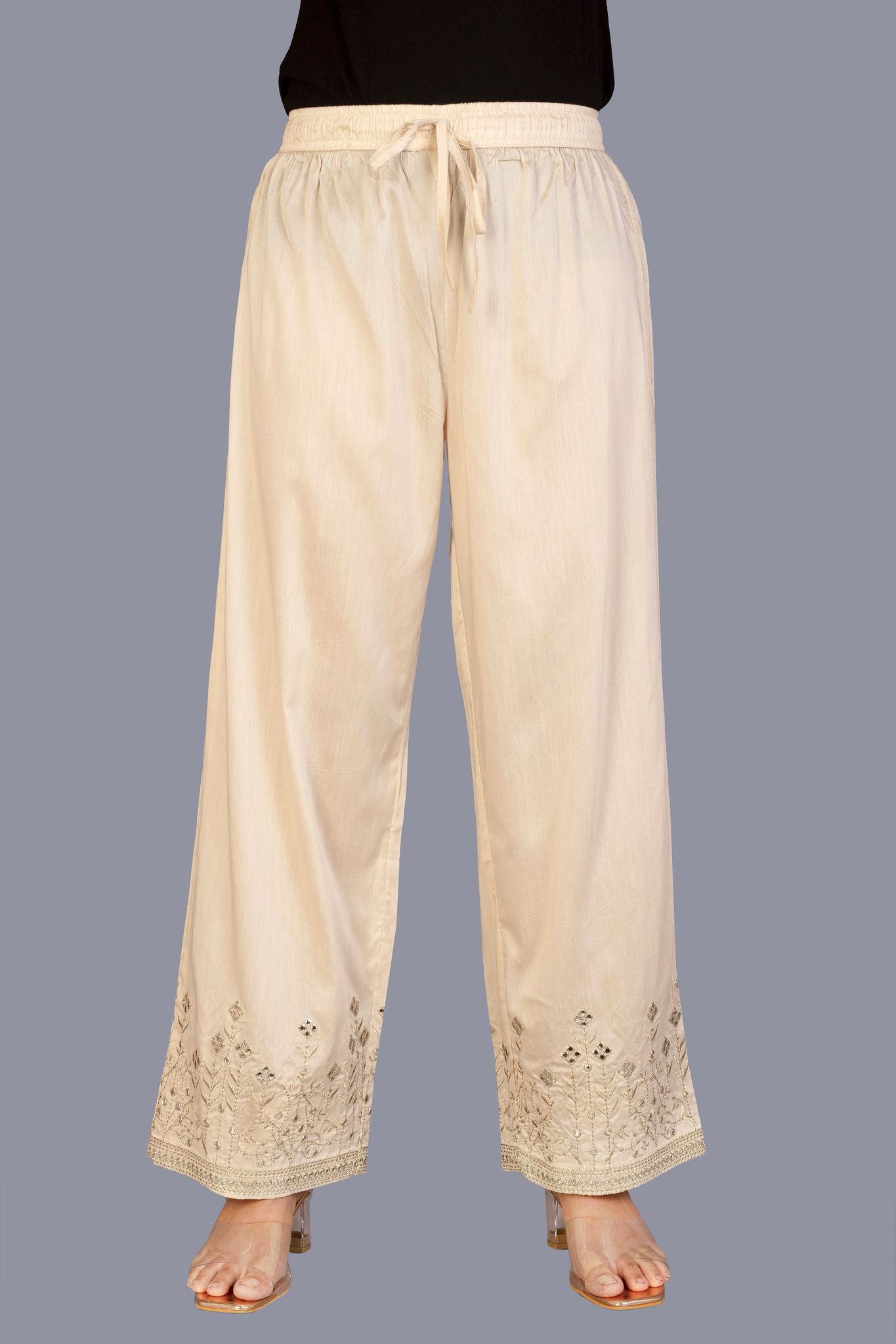 Embroidered Cream Cotton Palazzo 1
