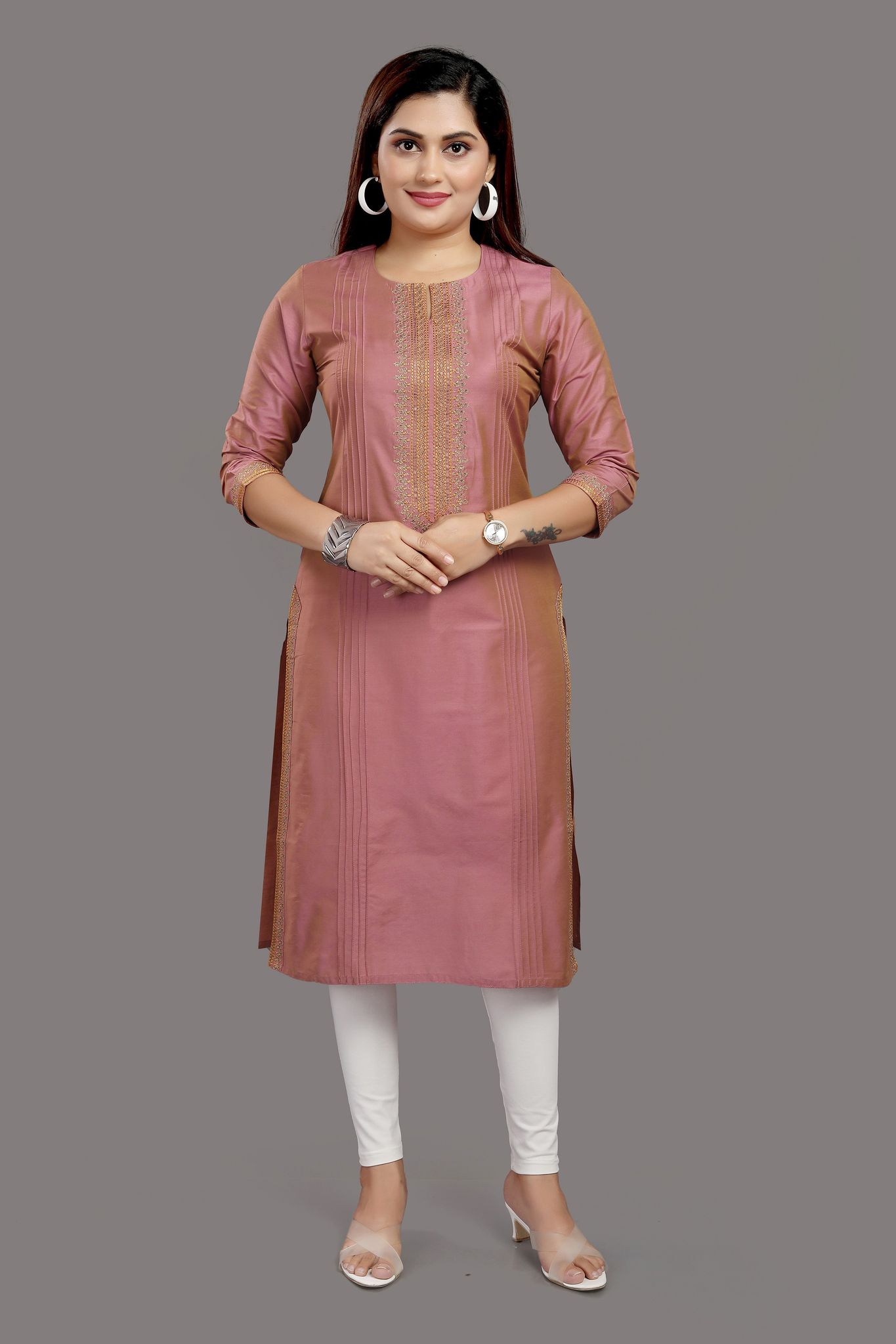 Aeesha Dark Peach Cotton Silk Straight Kurtis