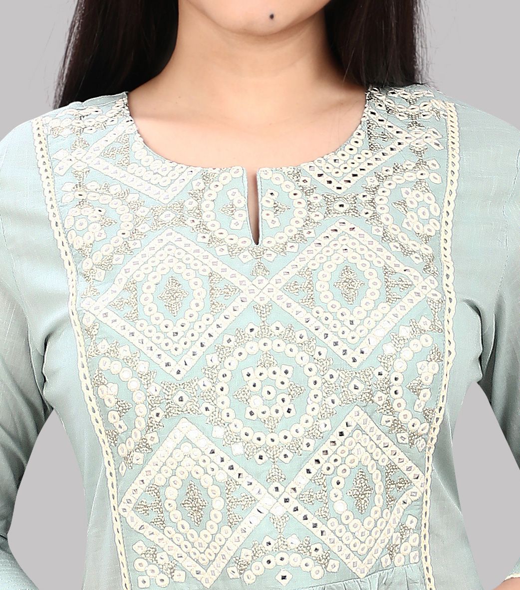 Hanifah Aqua Cotton Embroidered A-Line Kurta