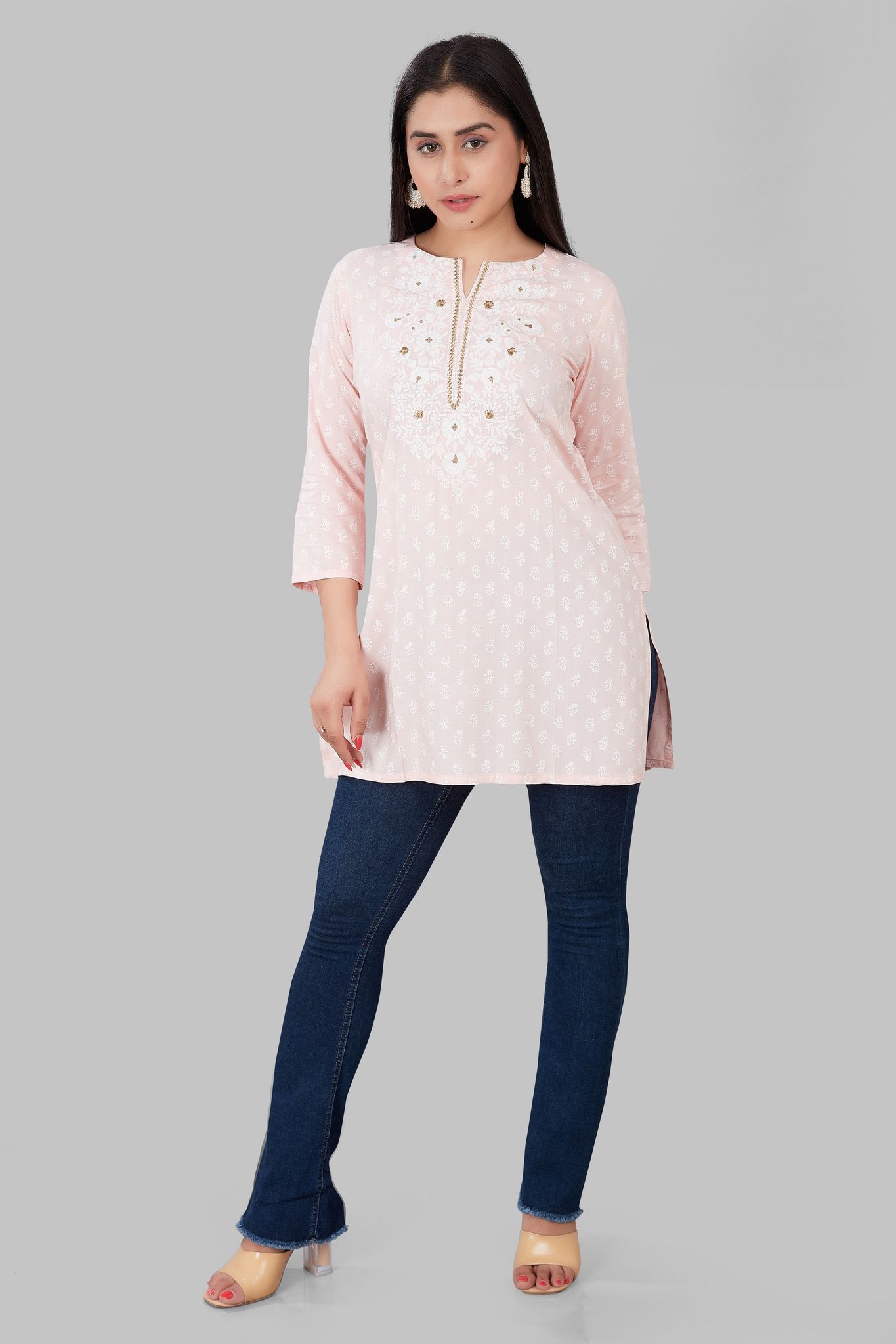 Jabeen Baby Pink Rayon Embroidered Short Kurti