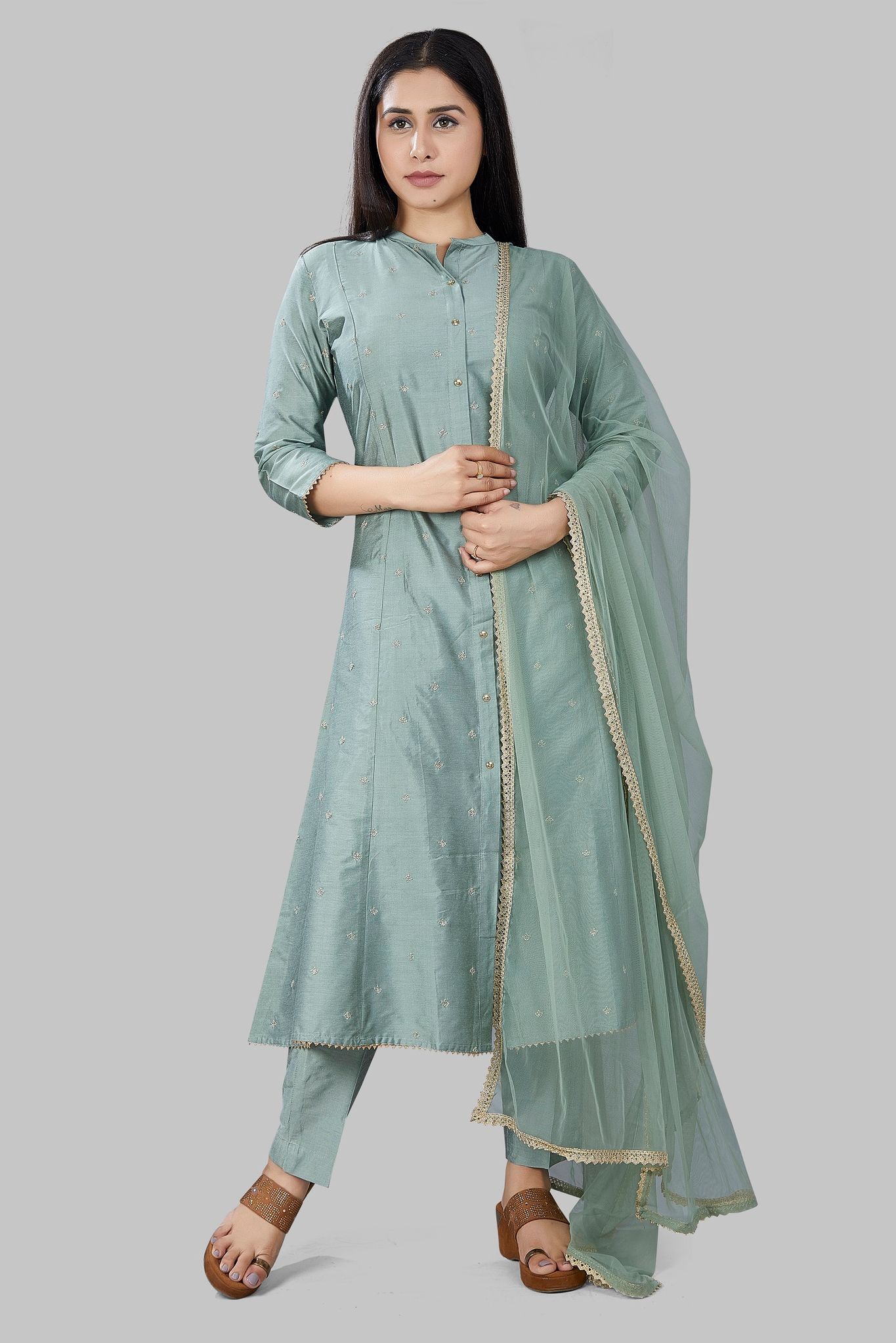 Ghania Pastel Green Cotton Silk Embroidered Suit Set