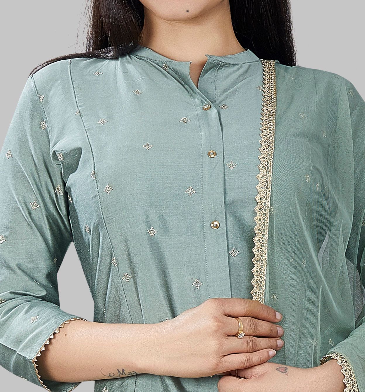 Ghania Pastel Green Cotton Silk Embroidered Suit Set