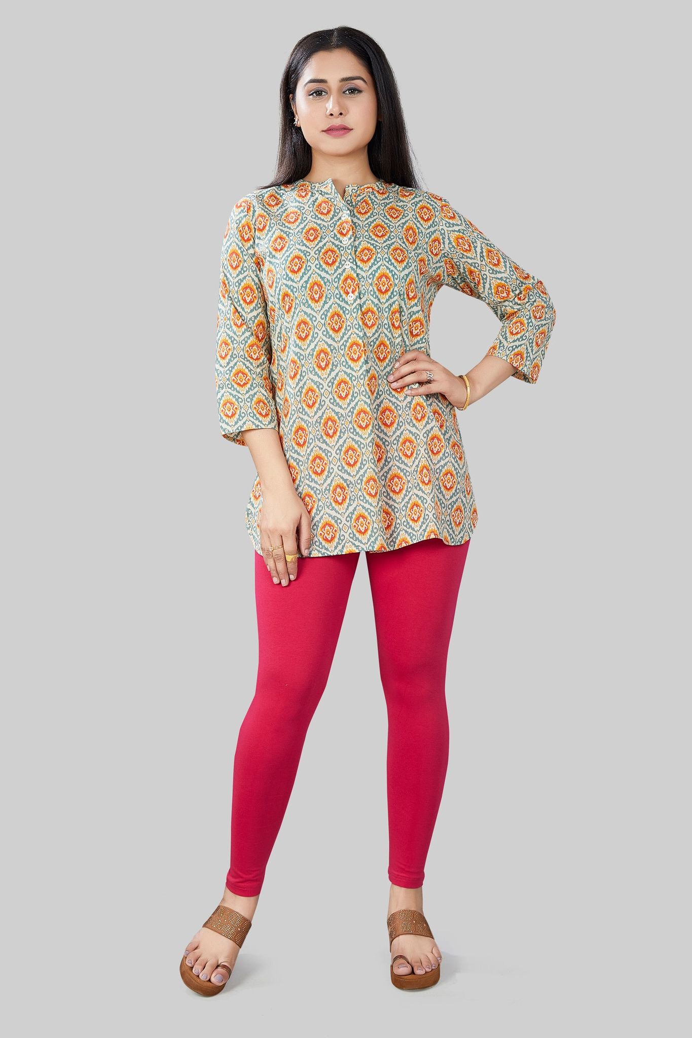 Rifaya Cream & Orange Short Kurtis