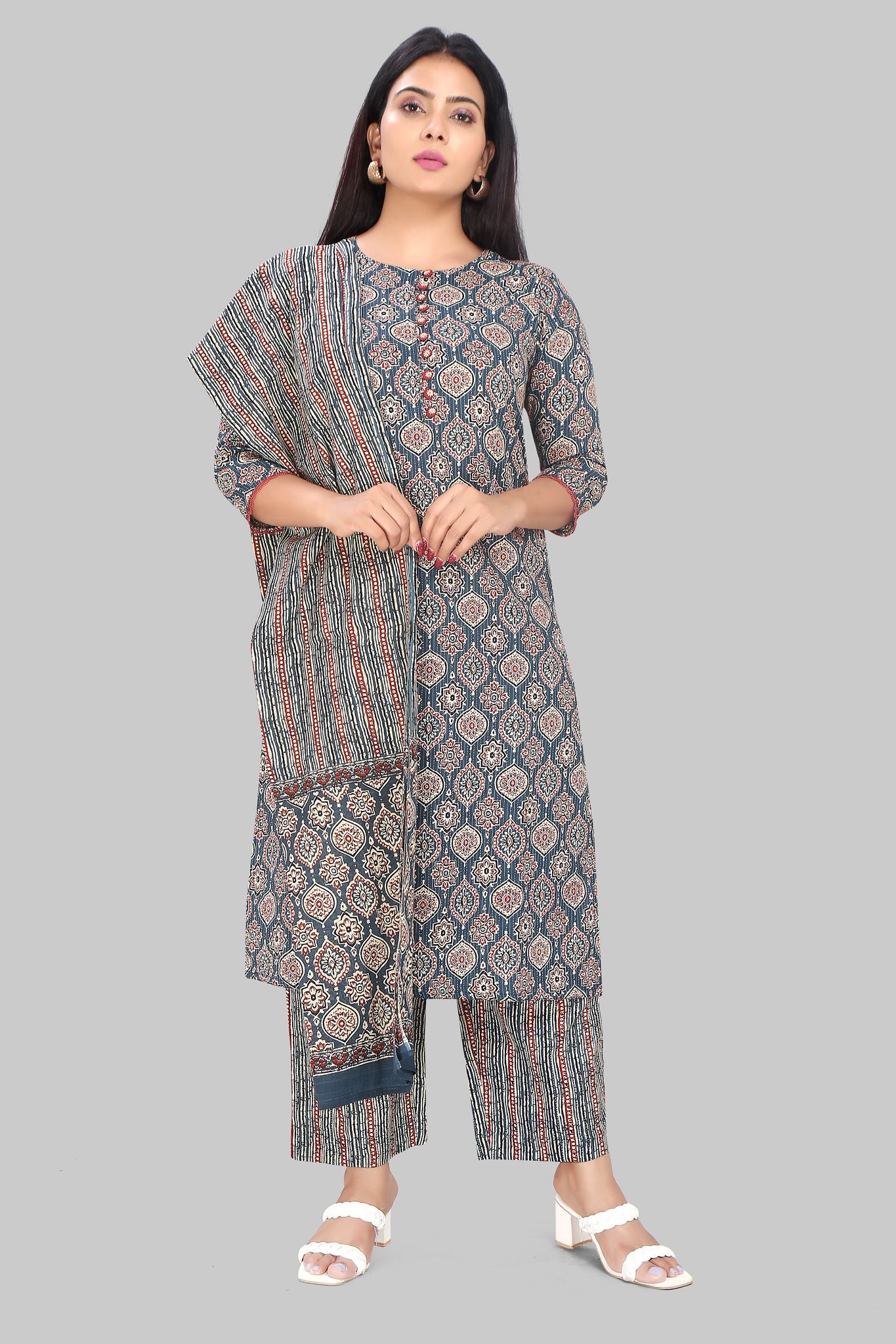 Bavishya Maroon & Navy Blue Jaipuri Cotton Suit Set