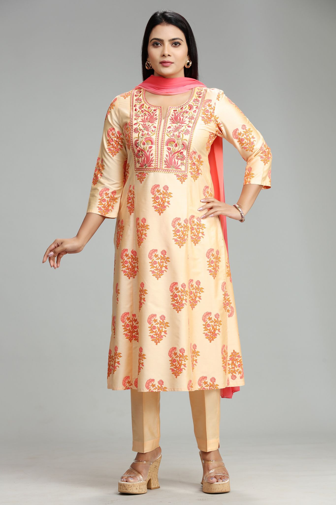 Maheshi Light Orange Cotton Silk Embroidered Suit Set