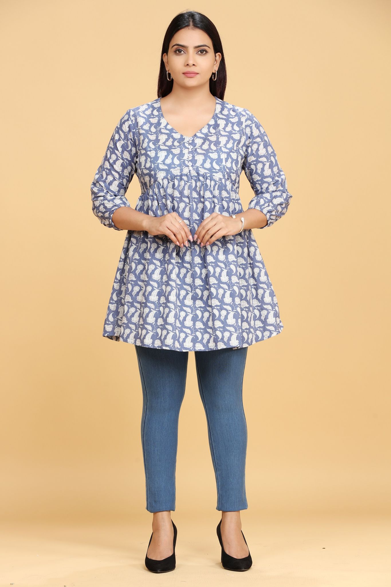 Indumati White & Blue Cotton Short kurti
