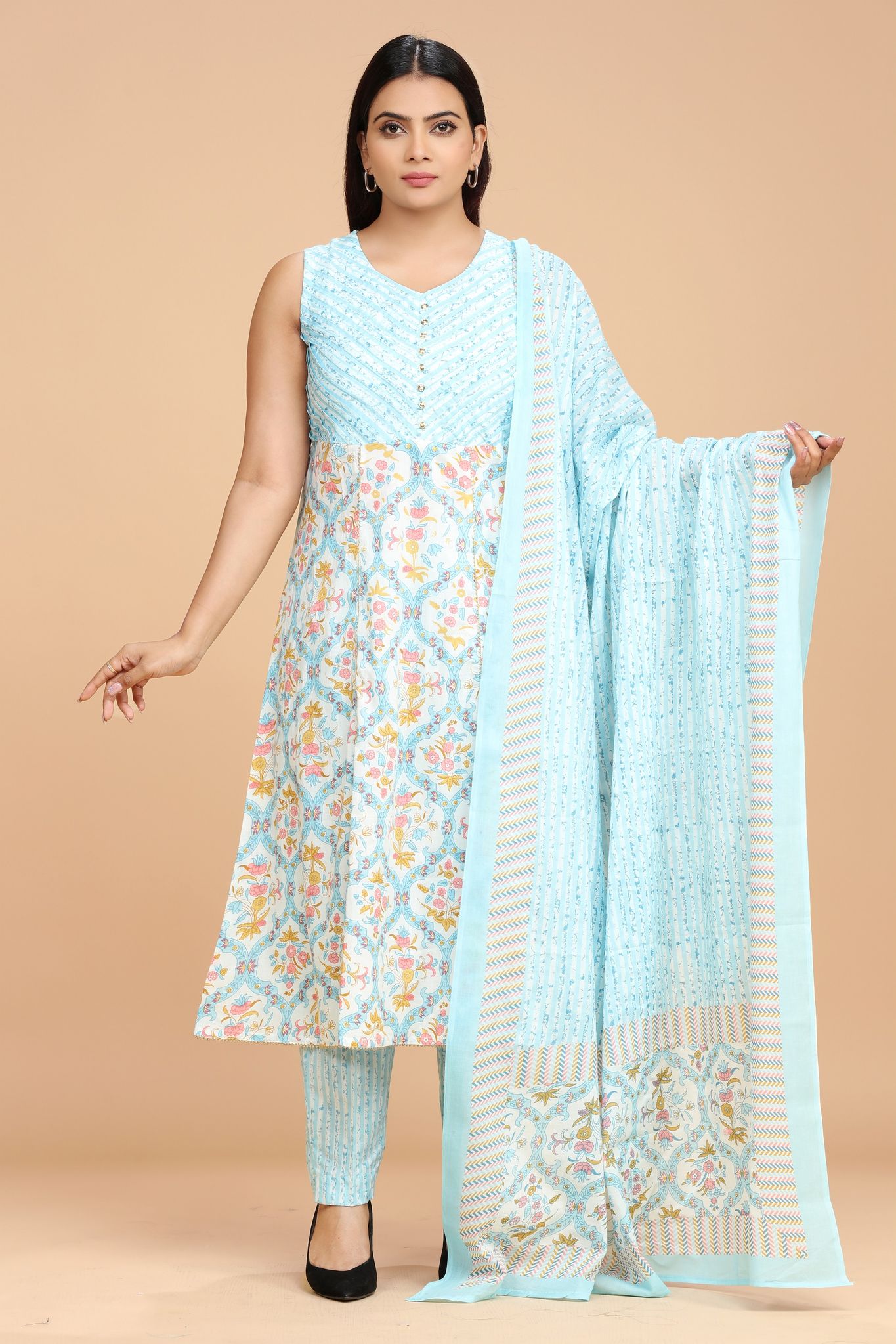 Jaanvika Sky Blue Jaipuri Cotton Suit Sets