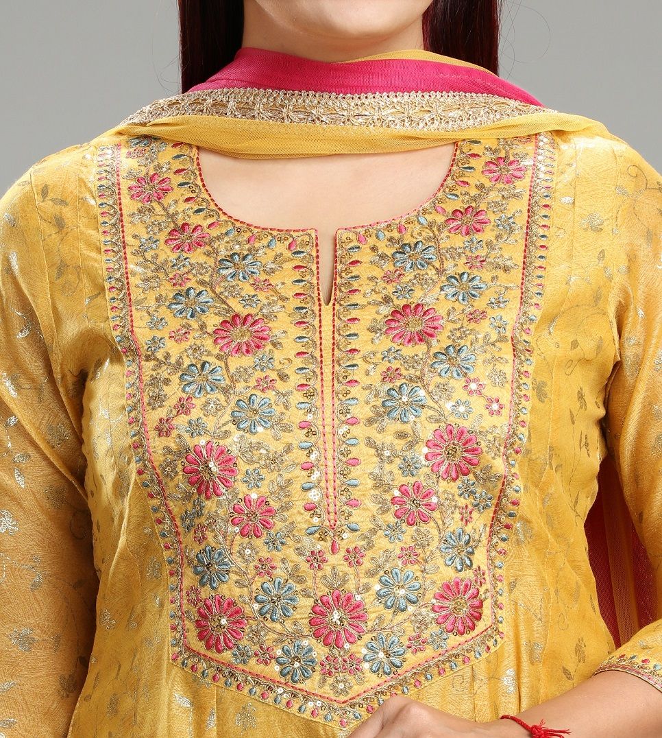 Aarushi Mustard Cotton Chanderi Embroidered Suit Set