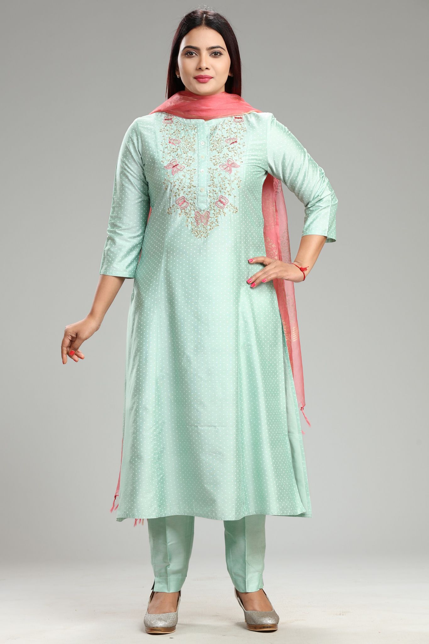 Hasika Pista Green Cotton Silk Embroidered Suit Set