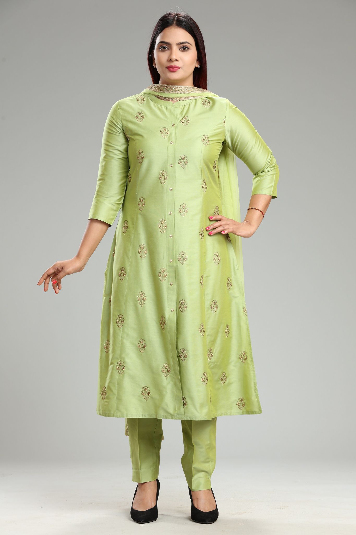 Idhitri CC5 Parrot Green Cotton Silk Embroidered Suit Set