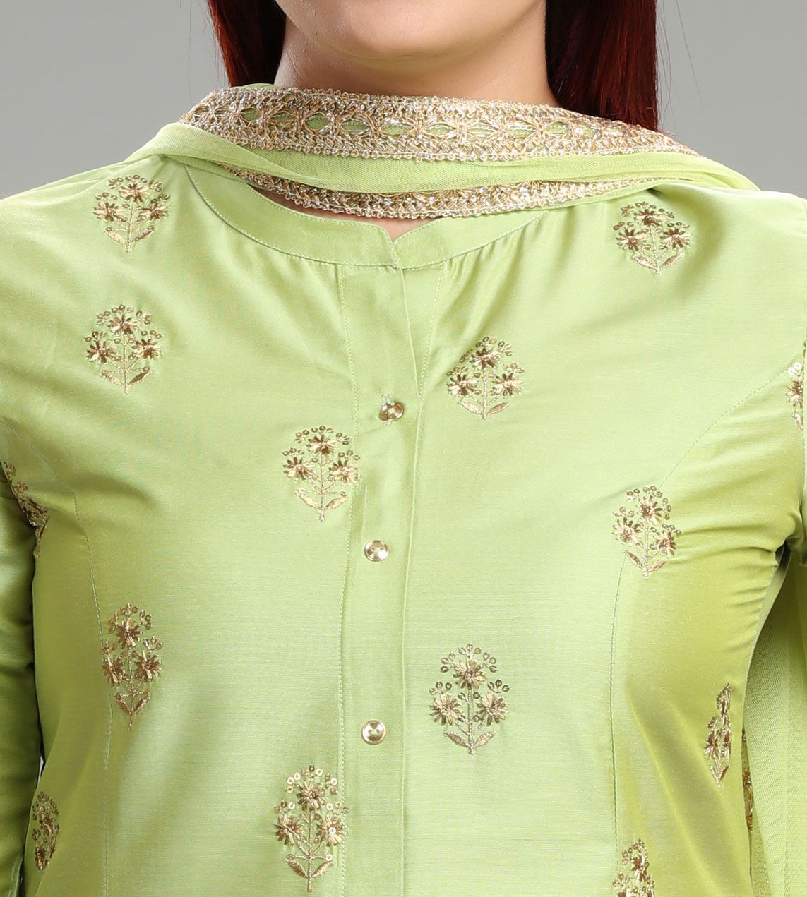 Idhitri CC5 Parrot Green Cotton Silk Embroidered Suit Set