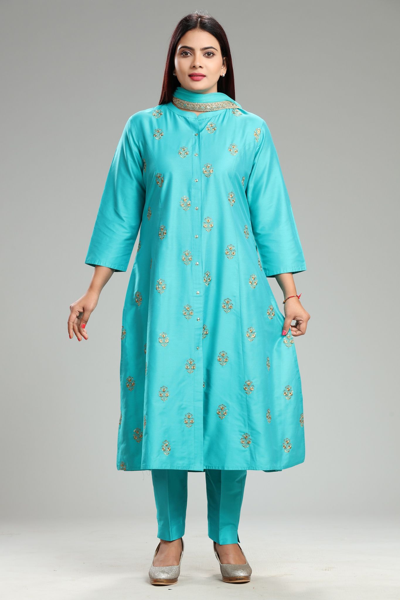 Idhitri Teal Cotton Silk Embroidered Suit Set