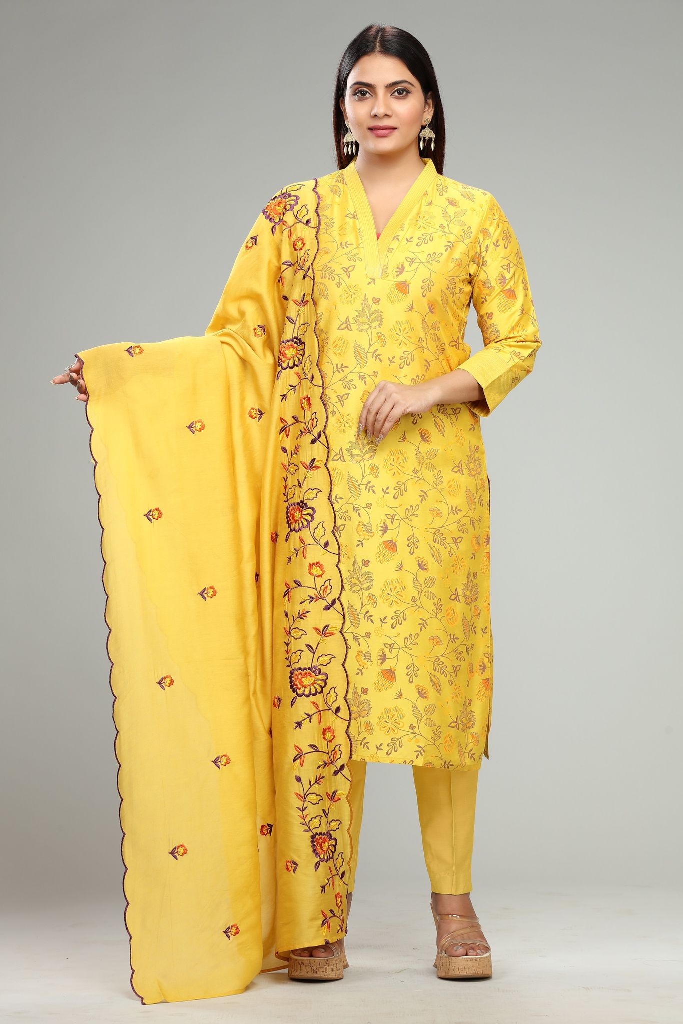 Chhaya Yellow Cotton Silk Printed & Emb Suit Set