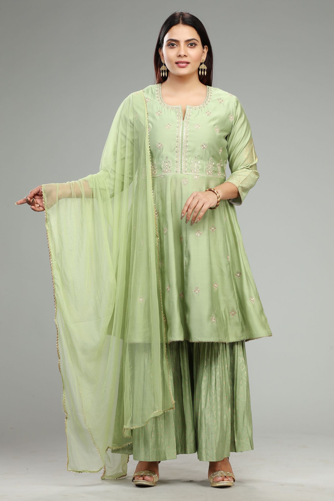 Rajani Neon Green Viscose Silk Embroidered Suit Set