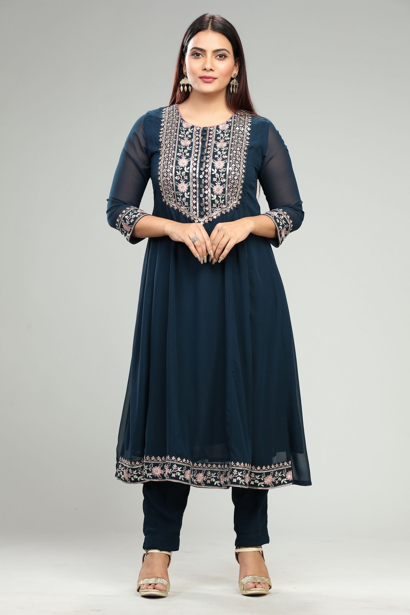Ziyana Navy Blue Georgette Embroidered Suit Set