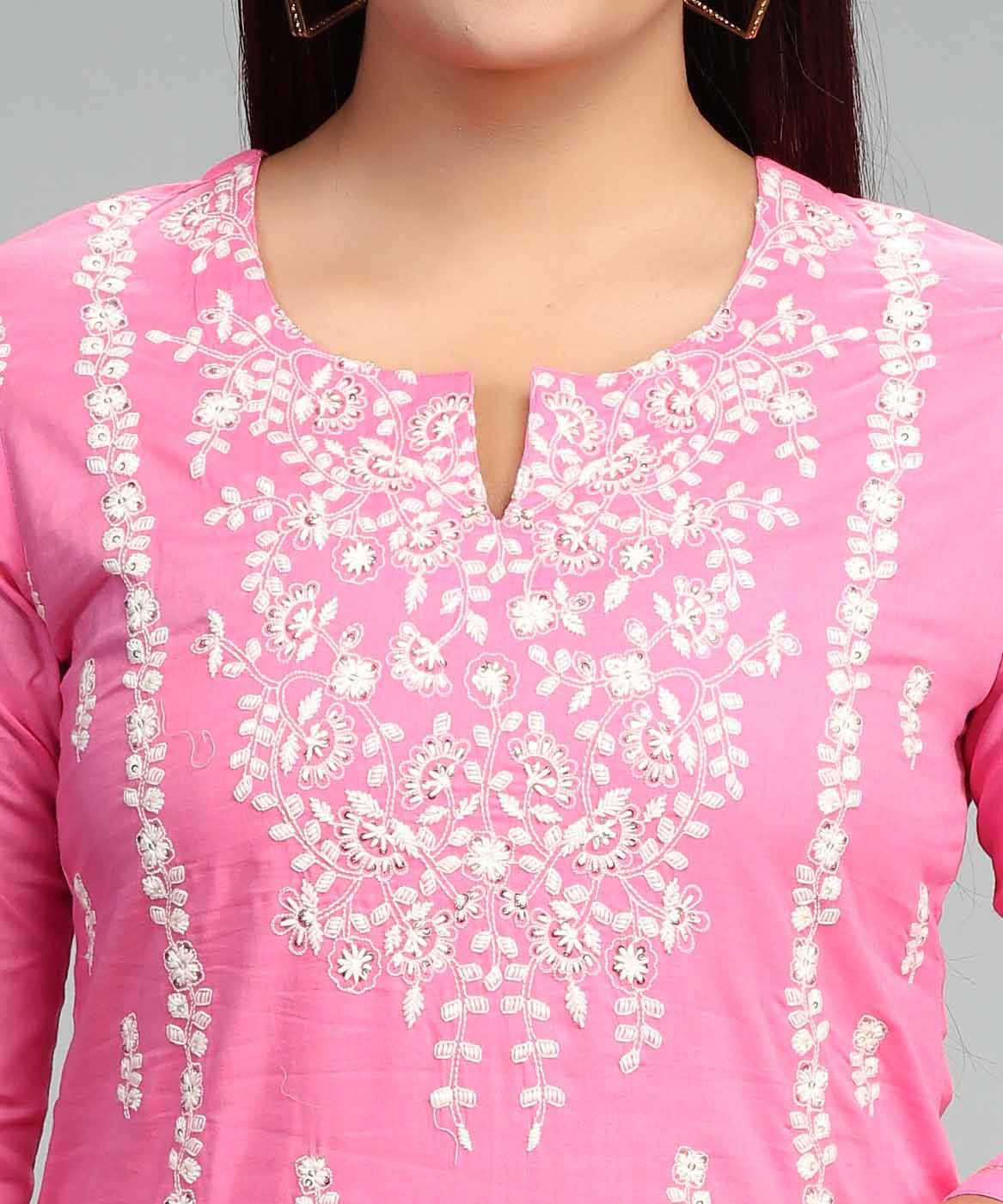 Aapti Pink Cotton Embroidered  Kurta With Pant Set