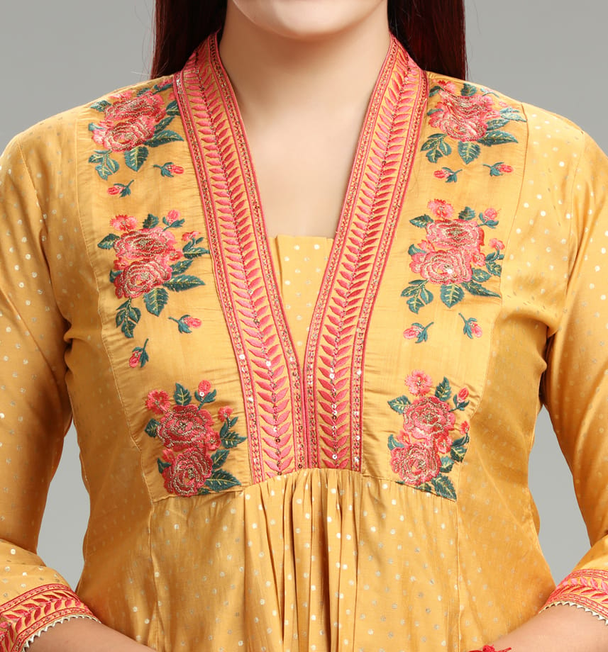 Kanchan Mustard Cotton Silk Embroidered Suit Set