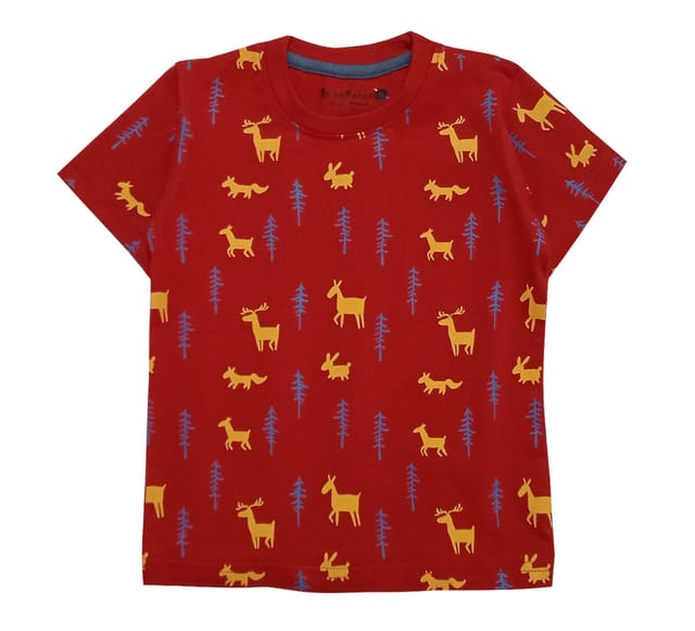 Snowflakes Red Tshirt With All Over Animal Prints