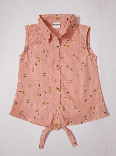 Peach Sleeveless Shirt Style Top With Floral Print