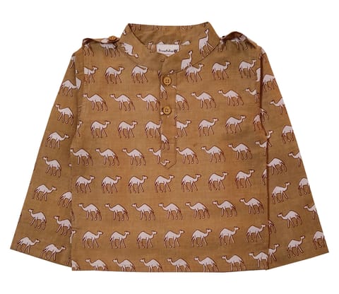 Full Sleeve Short Kurta With Camel Prints - Beige