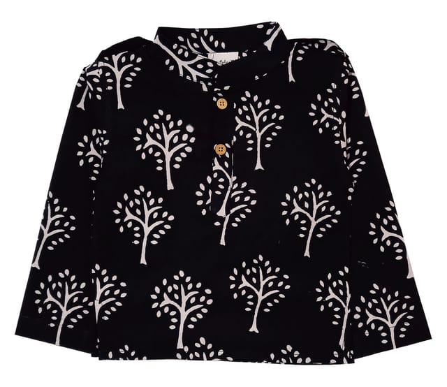 Full Sleeve Short Kurta With Tree Print - Black