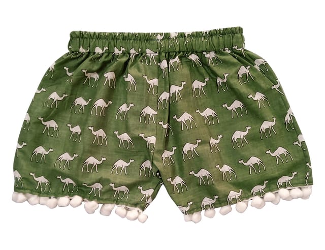 Girls Pom Pom Shorts With Camel Print - Green