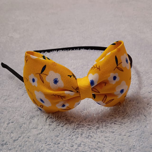 Black Hairband With A Floral Printed Bow - Yellow