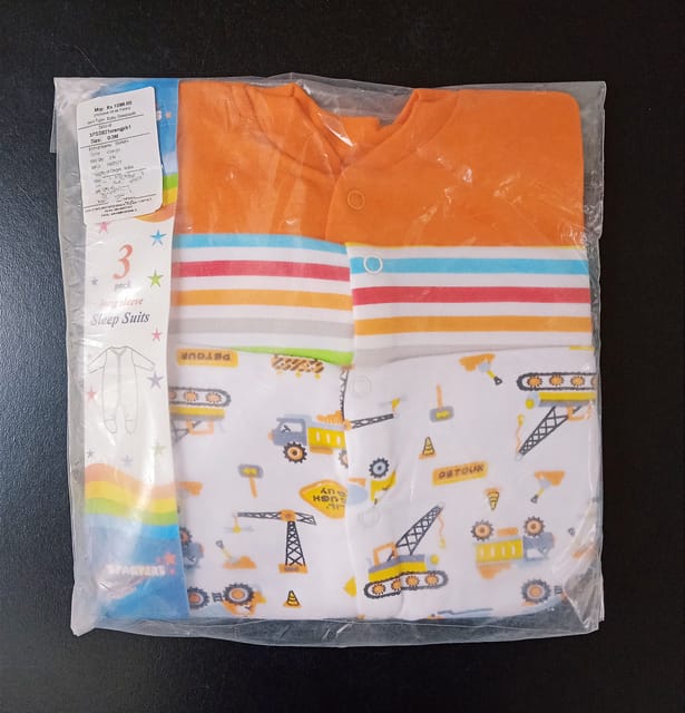 3 Piece Sleep Suit With Digger Prints - Orange