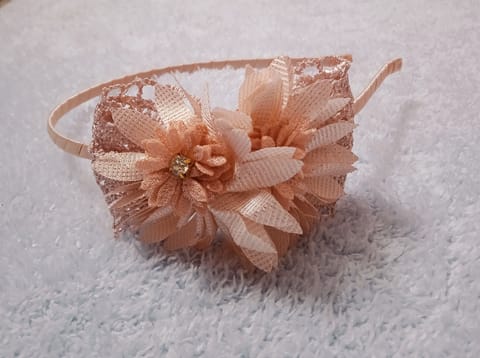 Peach Hairband With Crochet Bow And Floral Applique - Peach