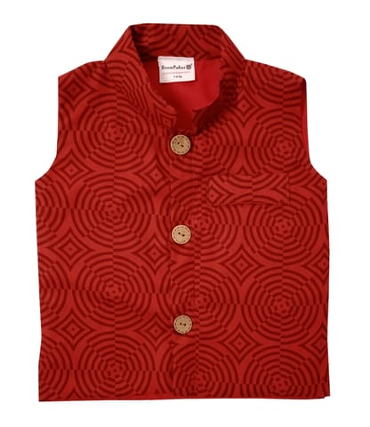 Snowflakes Cotton Waist Coat With Geometric Print - Red